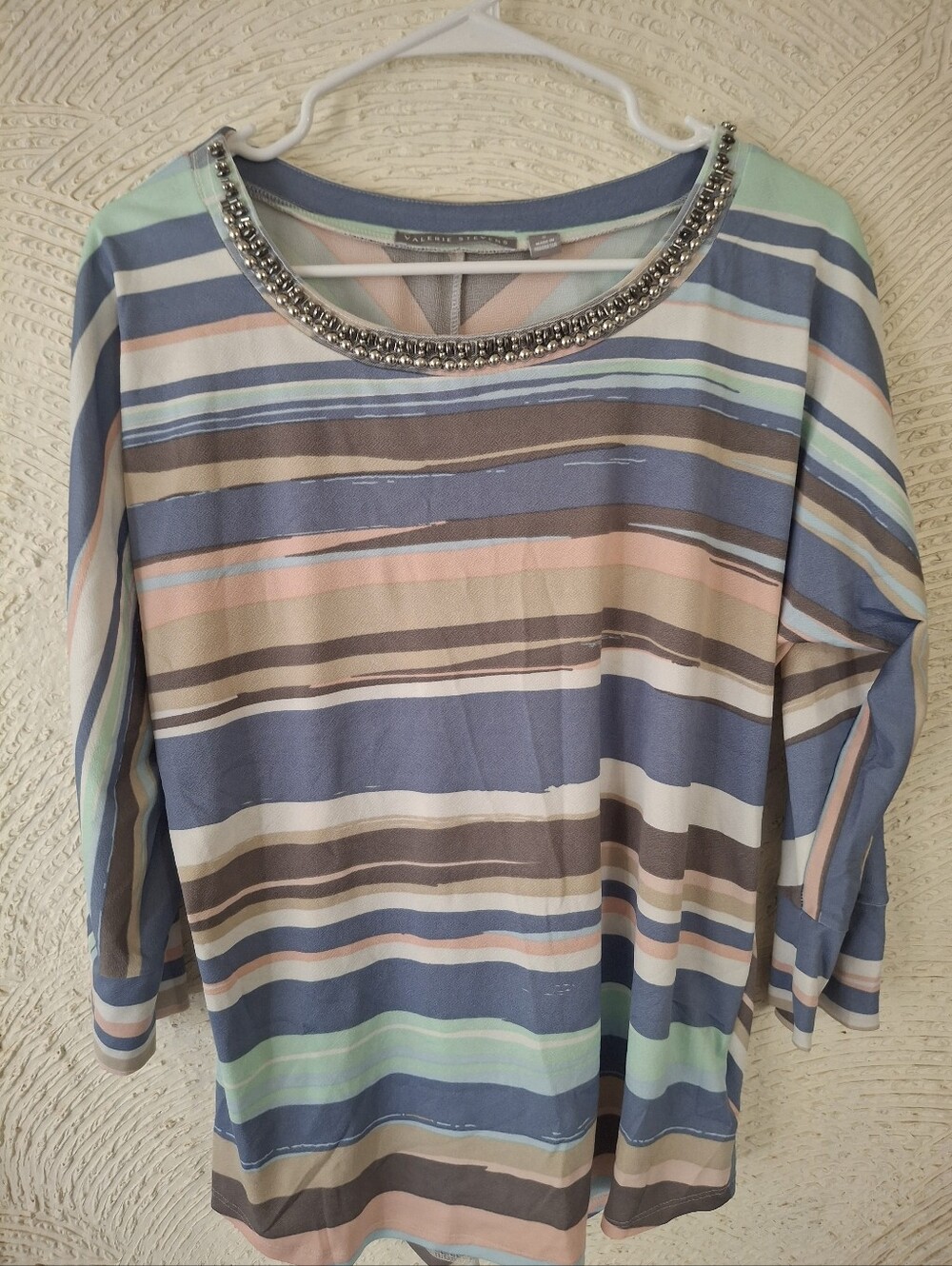 Embellished Striped Boatneck Top - Pastel Blue Multi
